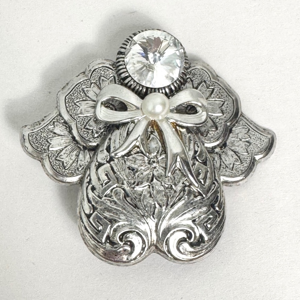 Angel Brooch Pin Silver Tone Rhinestone Pearl JANE Signed Holiday Jewelry 90s‎